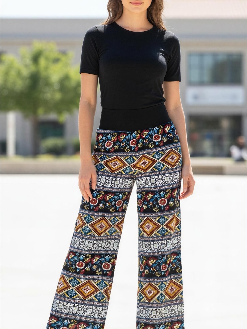 Boho Wide-Leg Printed Palazzo Pants - Black Multi
